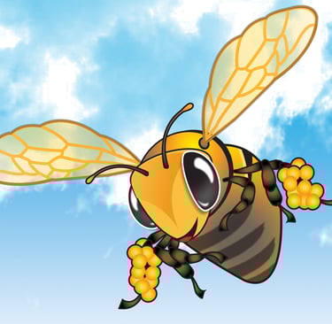 “Cheerful cartoon honeybee flying with flowers against a blue sky — playful children’s illustration for The Honeybee.