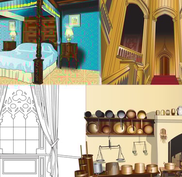 “Illustrated bedroom with a canopy bed, wooden furniture, and blue wallpaper — detailed children’s storybook scene.”