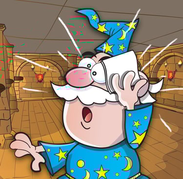 “Surprised wizard in a starry blue robe inside a stone hallway, illustrated in a magical children’s adventure style.”
