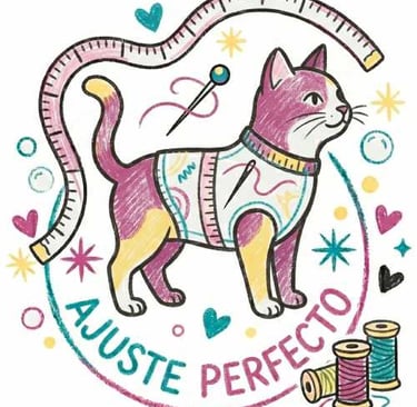 A colorful illustration of a cat wearing a vest surrounded by sewing tools and the text Ajuste Perfecto.