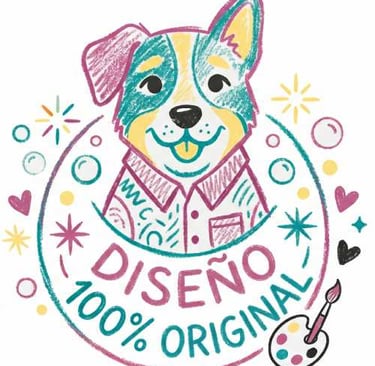 Colorful hand-drawn dog illustration with the text 100% Original Design and an artist's palette.