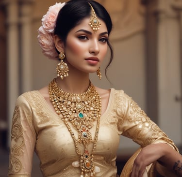 a woman in a gold dress and jewelry