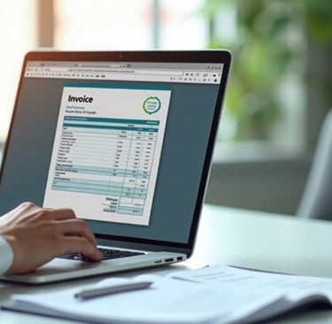 A person is typing on a laptop computer with an invoice on the screen.