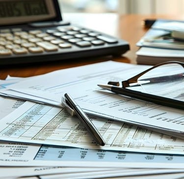 A calculator is sitting on a desk next to a pile of papers and a pair of glasses.