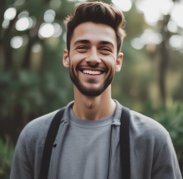 Smiling woman standing in a bright, freshly cleaned living room.