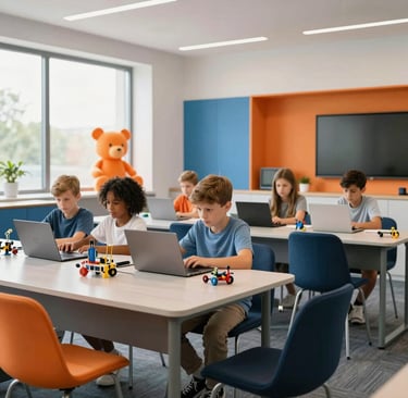 A high-end editorial modern classroom in an International / Global setting, where children aged eight to twelve collaborate over laptops and modular robotics kits. Clean architecture, natural morning daylight, featuring warm optimistic bytebear orange accents, sky blue highlights, and modern deep navy furnishings.