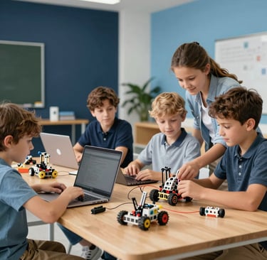 A modern editorial photograph of International / Global children collaborating on a robotics building project at a bright wooden desk. Soft natural lighting fills the modern classroom space with deep navy and sky blue modern accents. The children interact naturally with laptops and robotic modules in a focused, joyful educational setting, presented with high-end magazine photography depth.