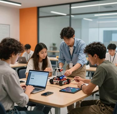 A high-end editorial photograph of a group of diverse young students in a modern glass-walled STEM classroom collaborating on a robotics project. A soft ambient light illuminates clean wooden desks, laptops, and smart tablets. Touches of warm orange and sky blue accentuate the modern classroom design. International / Global context with clean rounded aesthetic and approachable educational setting.