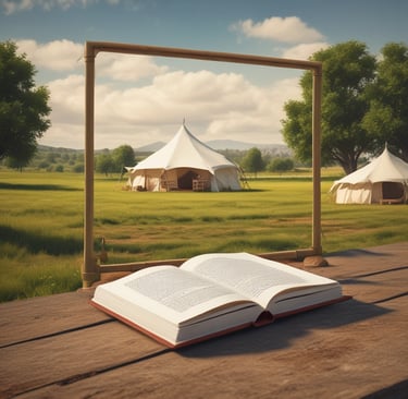 tent revival on a farm, with an open book on an old wooden table