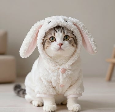 Adorable gatito atigrado con un esponjoso disfraz de conejito blanco con orejas caídas y botones rosas.