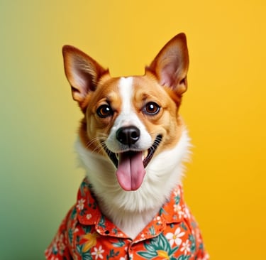Un perro feliz de color marrón y blanco con una camisa hawaiana estampada de flores sobre un fondo amarillo y verde.