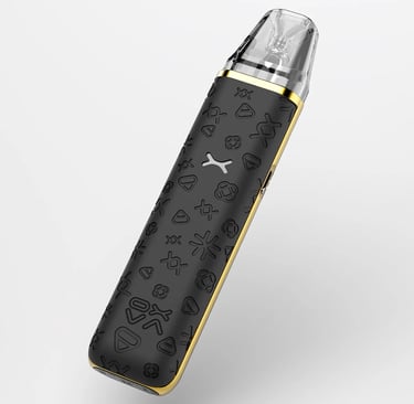 Sleek black and gold pod system vape pen with embossed patterns and a clear mouthpiece.