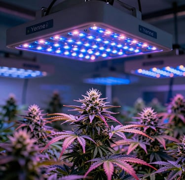 Close-up of vibrant cannabis leaves glowing under yenjie light's full-spectrum LED in a dense indoor grow room.