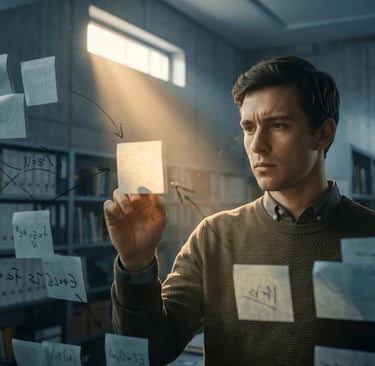 Joven investigador organizando notas en un panel para encontrar una idea de investigación