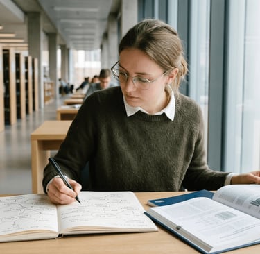 Joven investigadora trazando un mapa mental en un cuaderno para definir preguntas orientadoras