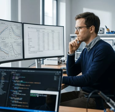 Investigador analizando datos de rendimiento de software para tesis.