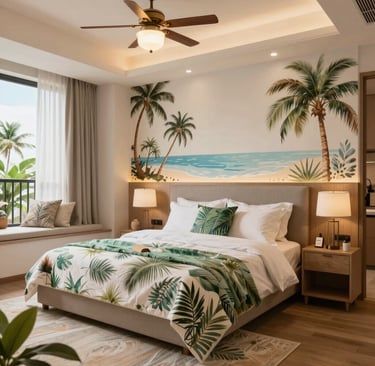 Modern open-concept living room with floor-to-ceiling windows showcasing the turquoise sea.