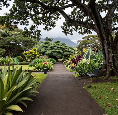 Elegant outdoor lanai with comfortable seating overlooking lush tropical gardens.
