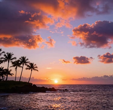 Sunset view over a luxury Kona oceanfront home with palm trees swaying gently.