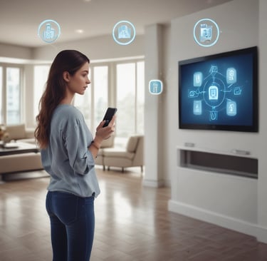 a woman standing in a living room with a cell  control led phone