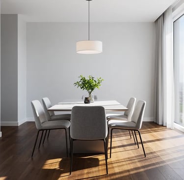clean modern dining room with large windows letting in natural light
