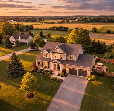 Aerial view of a modern home at dusk within a residential neighbourhood