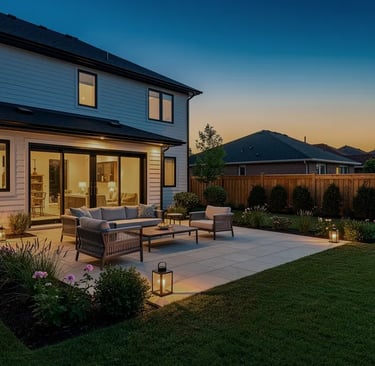 backyard sitting area at twilight for a real estate listing