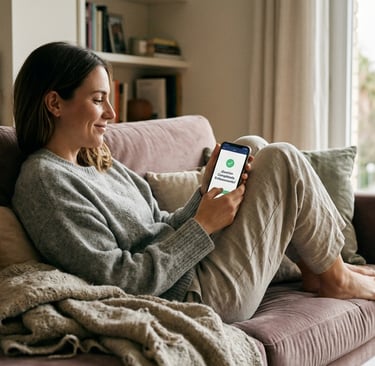 Persona relajada en el sofá gestionando documentos personales con su smartphone cómodamente.