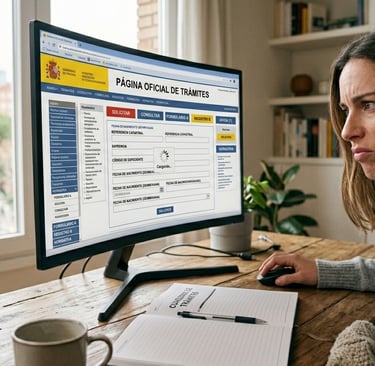 Usuario confundido frente a la pantalla del ordenador intentando realizar trámites en web oficial