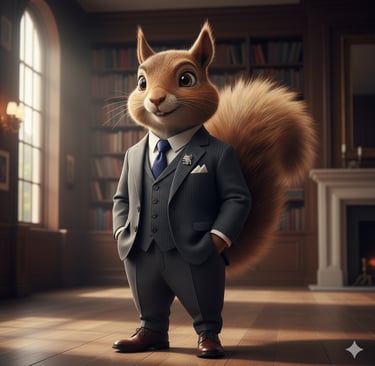 a squirrel dressed in a suit and tie, standing in a room with a fireplace