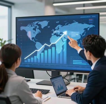 A team of professionals analyzing market data on digital screens.