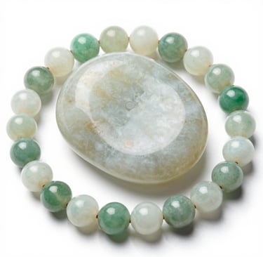 Polished green and white jadeite gemstone beads bracelet encircling a smooth oval jade stone.