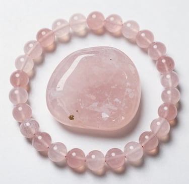 Pink rose quartz beaded bracelet surrounding a polished heart-shaped crystal stone on white background.