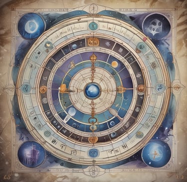 A vibrant flat lay of colorful astrology charts, crystals, and a glowing candle on a wooden table.