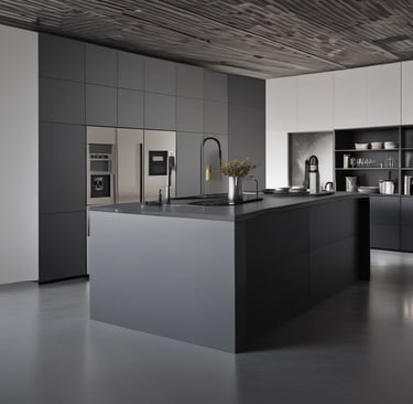 A modern kitchen with warm wooden cabinets and a cozy dining nook bathed in natural light.