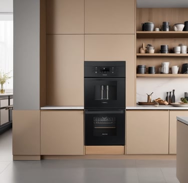 Elegant Miele dishwasher door slightly open, showing interior racks.