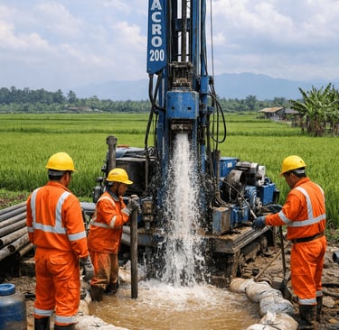 Workers in orange jumpsuits operating a Jacro 200 water well drilling rig in a rural field.