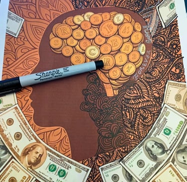 close up of a printable affirmation coloring page; traced mandala lines with a marker for focus