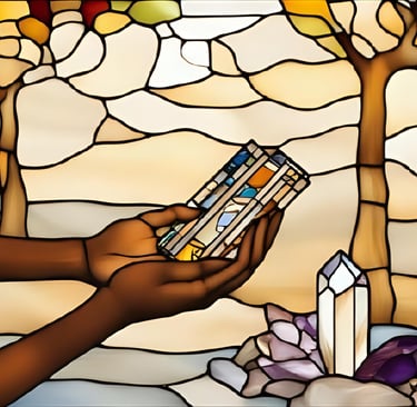 Stained glass illustration of hands, representing intuition, frequency and spiritual alignment 