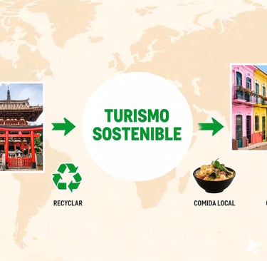 Infographic for sustainable tourism featuring cultural sites, recycling icons, and local food on a world map.