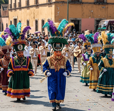 Dancers in colorful traditional costumes and feathered hats parade during a Mexican carnival celebration.