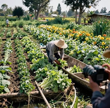 A farmer in a straw hat harvests organic green vegetables on a sustainable farm. IA image.