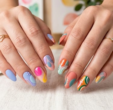Abstract artistic colorful nail design with modern shapes and creative patterns