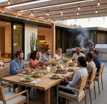 Outdoor patio dining area with table setup, chairs, and decorative lighting for evening gatherings