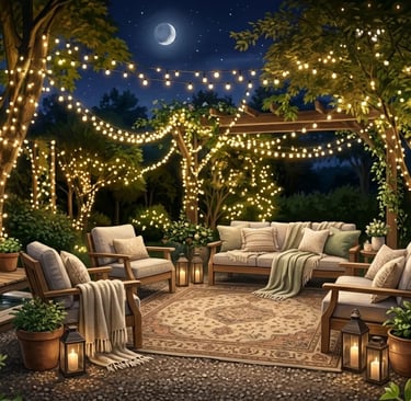Luxury outdoor living space with elegant furniture, greenery, and ambient lighting