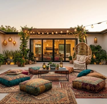 Boho style outdoor patio with floor cushions, patterned rugs, and warm ambient lighting