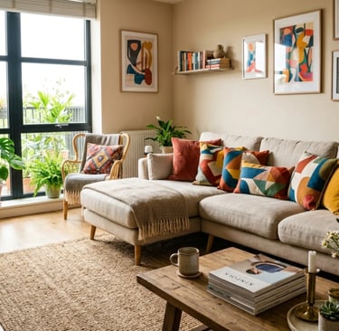 colorful patterned cushions on modern living room sofa with vibrant home decor style 2026