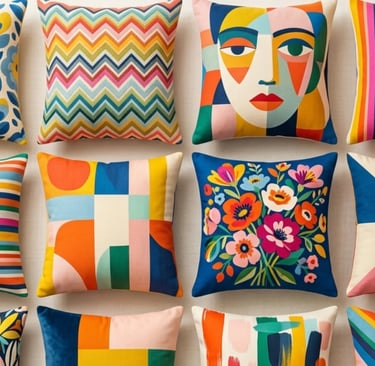 colorful decorative cushions with bold geometric floral and abstract patterns flat lay view