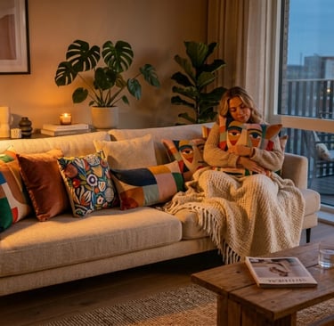 cozy living room with soft cushions warm lighting and relaxing evening home decor atmosphere