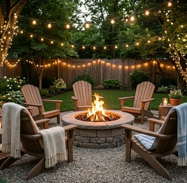 Backyard decorated with string lights and lanterns creating warm evening ambiance